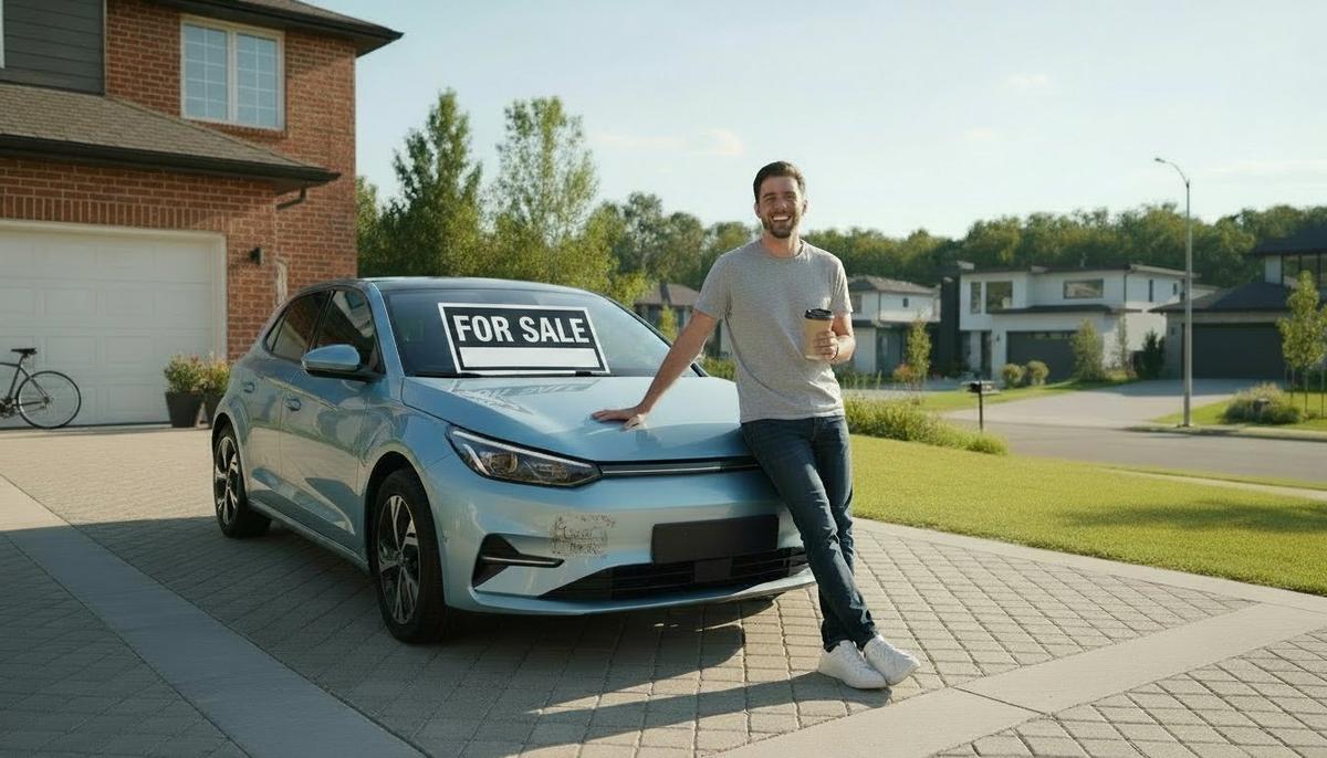 Owner standing beside a car listed for sale